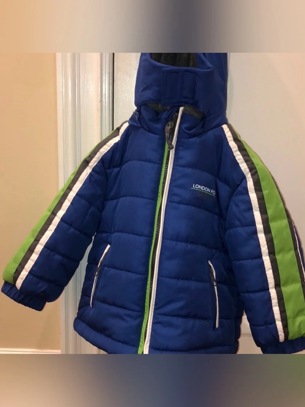 London Fog Blue Puffer Jacket with Lime Trim